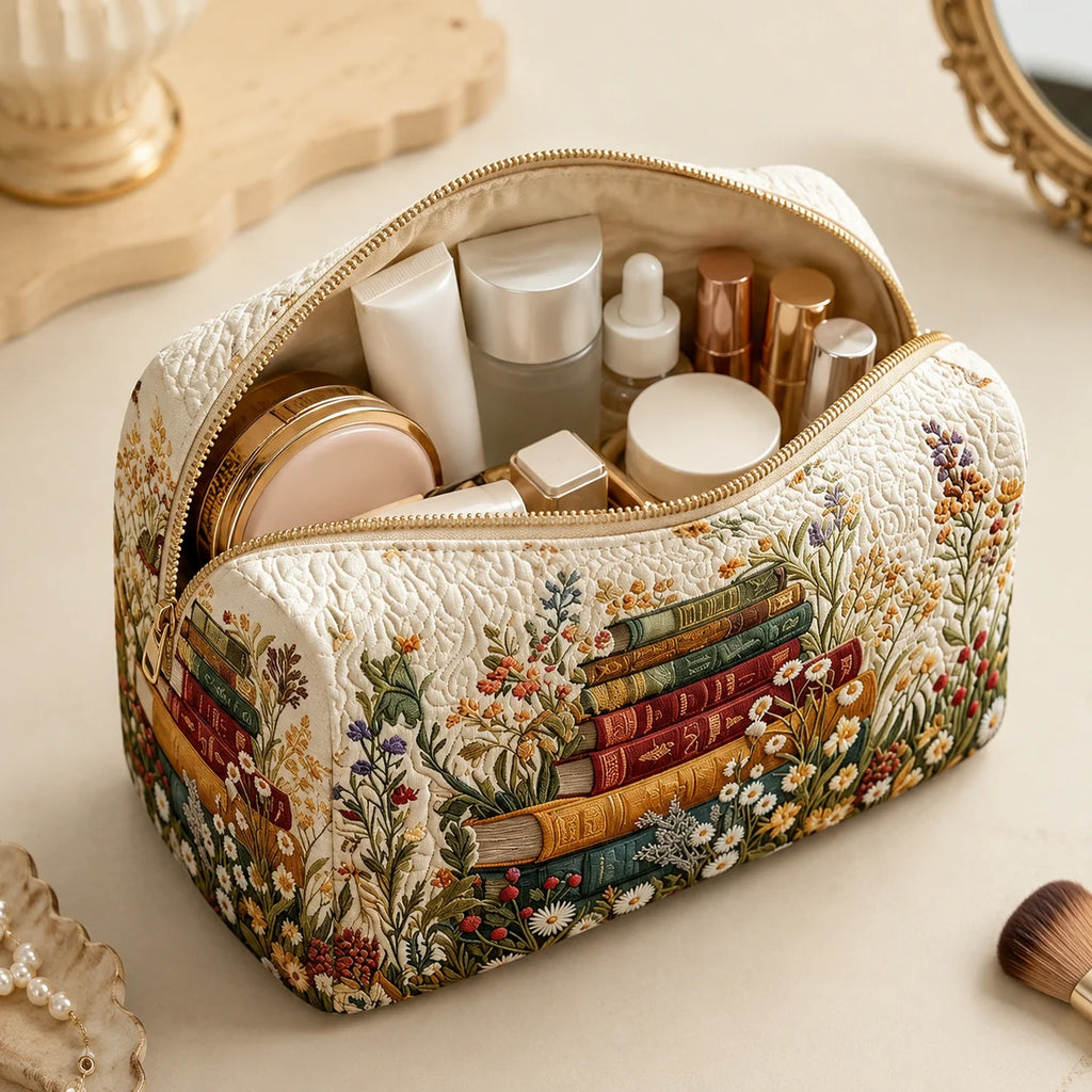 Vintage Book-Print Quilted Cosmetic Bag