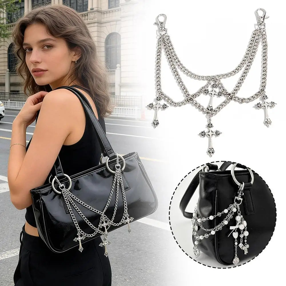 Gothic Multi-Layer Chain Bag Charm – Heart, Bow & Tassel Alloy Pendant with Lobster Clasp