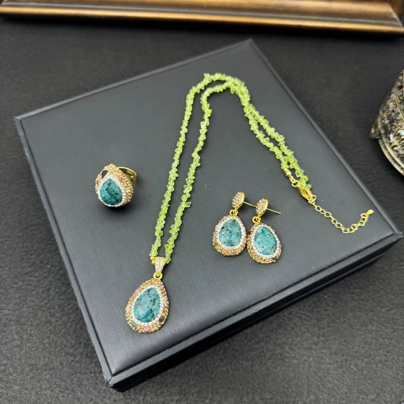 Natural Crystal Jewelry Set | Necklace, Ring & Earrings in Agate & Amethyst