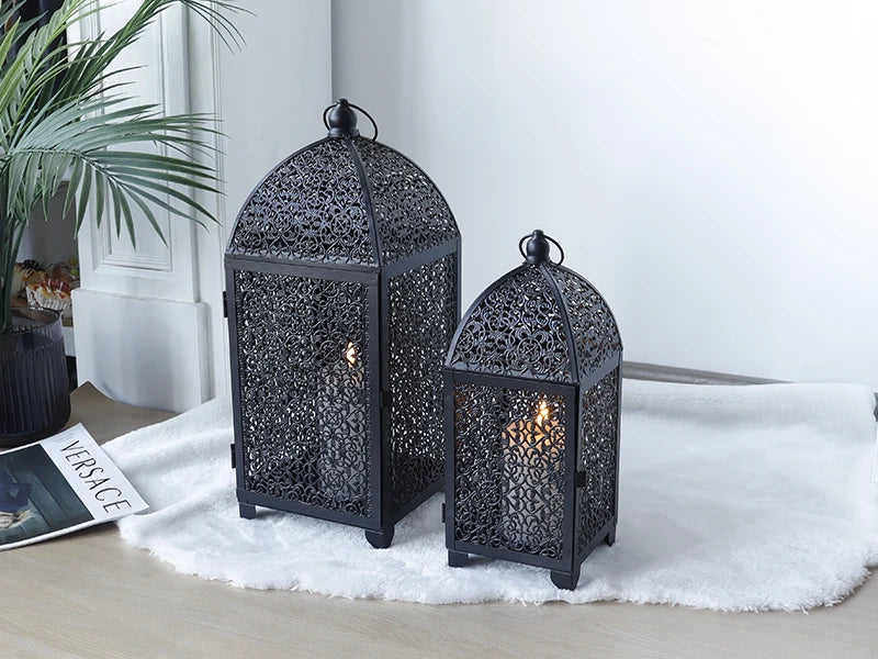 Black Metal Candle Lantern Set | Vintage Boho Candle Holders (Set of 2)