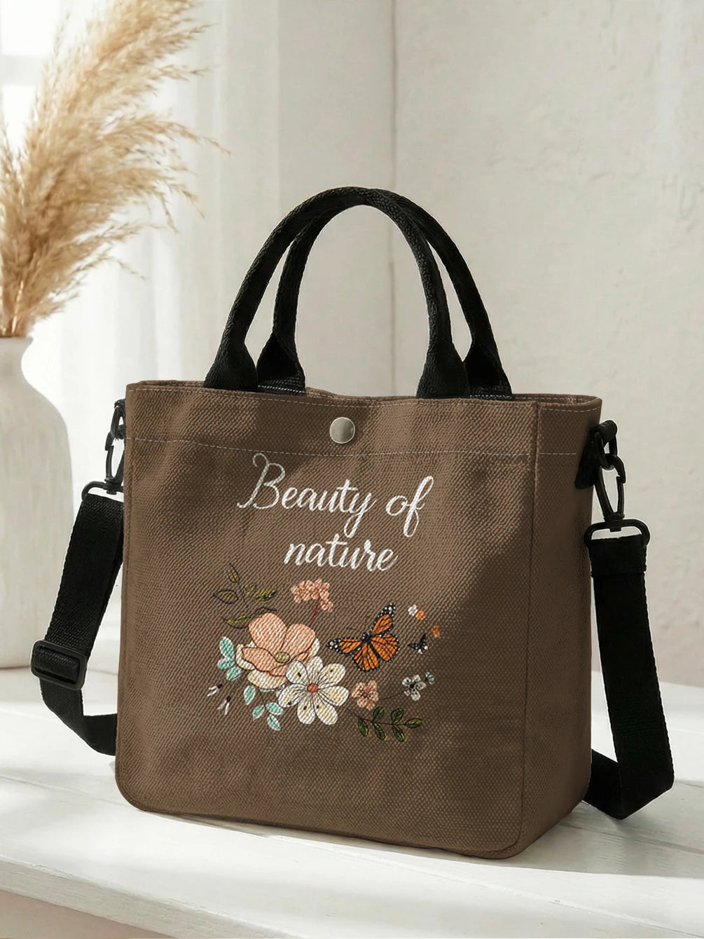 Floral Butterfly Tote Bag with Detachable Crossbody Strap