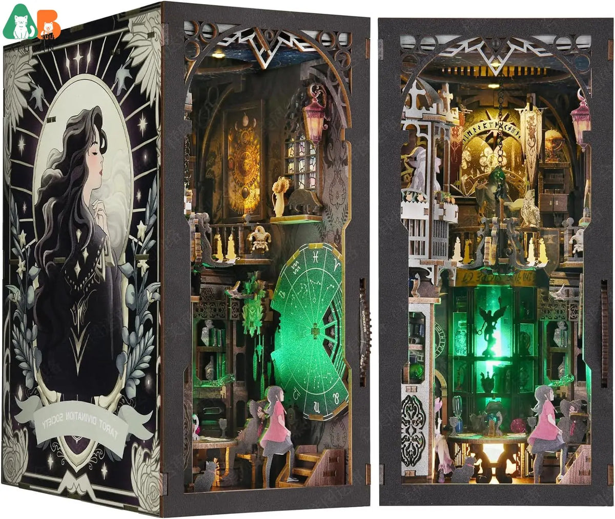 DIY Tarot Divination Book Nook Kit – 3D Wooden Mystic Bookshelf Insert with LED Lights