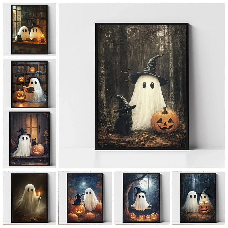 Halloween Ghost & Black Cat Dark Forest Canvas Print