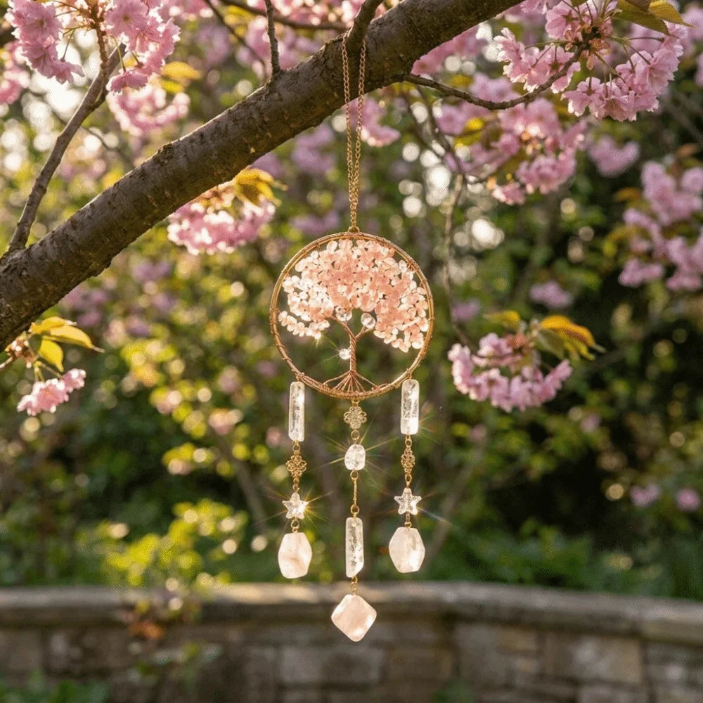 Rose Quartz Tree of Life Suncatcher | Boho Window Hanging
