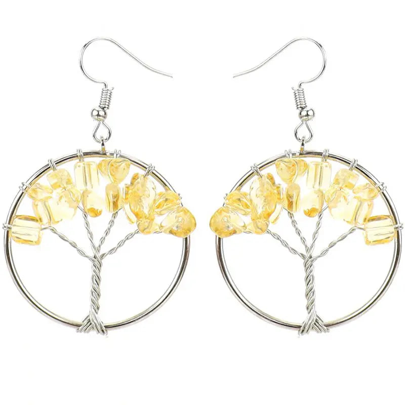 Tree of Life Crystal Drop Earrings — Wire-Wrapped Natural Stone Dangle Earrings