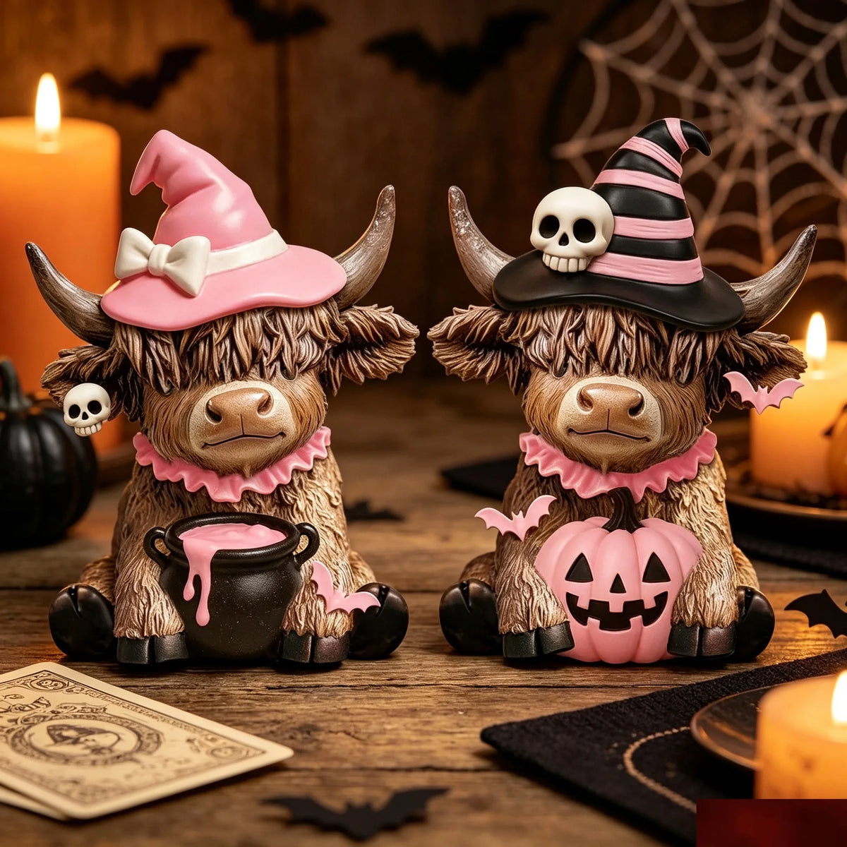 Halloween Highland Cow Wooden Statue Set | Skull Hat Tabletop Decor | Multiple Colors
