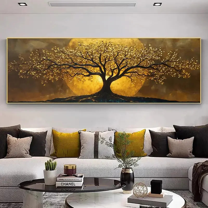 Golden Moon Tree Canvas Wall Art | Mystical Landscape Print for Living Room & Bedroom