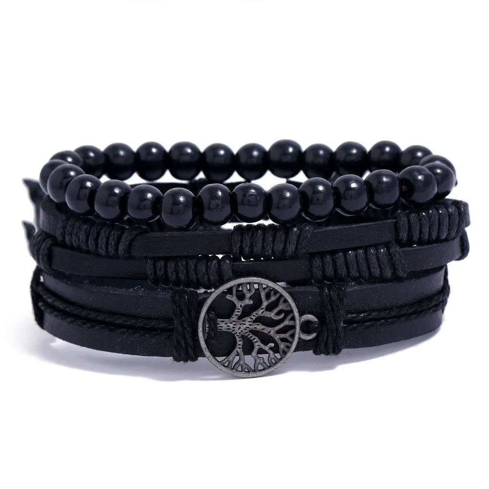 Boho Leather Wrap Bracelet Set — 4 Piece Layering Bracelet Gift Set