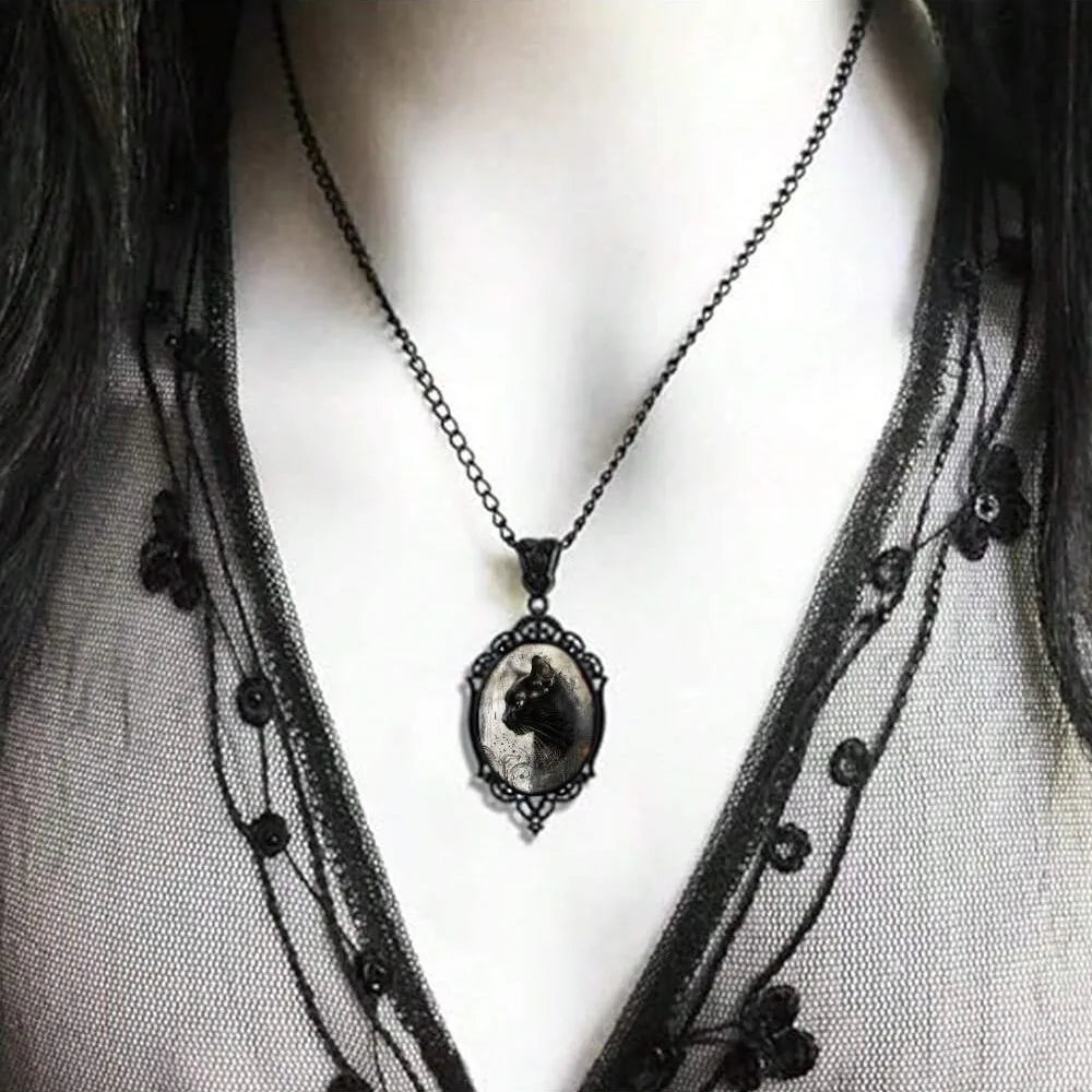 Gothic Black Cat Pendant Necklace