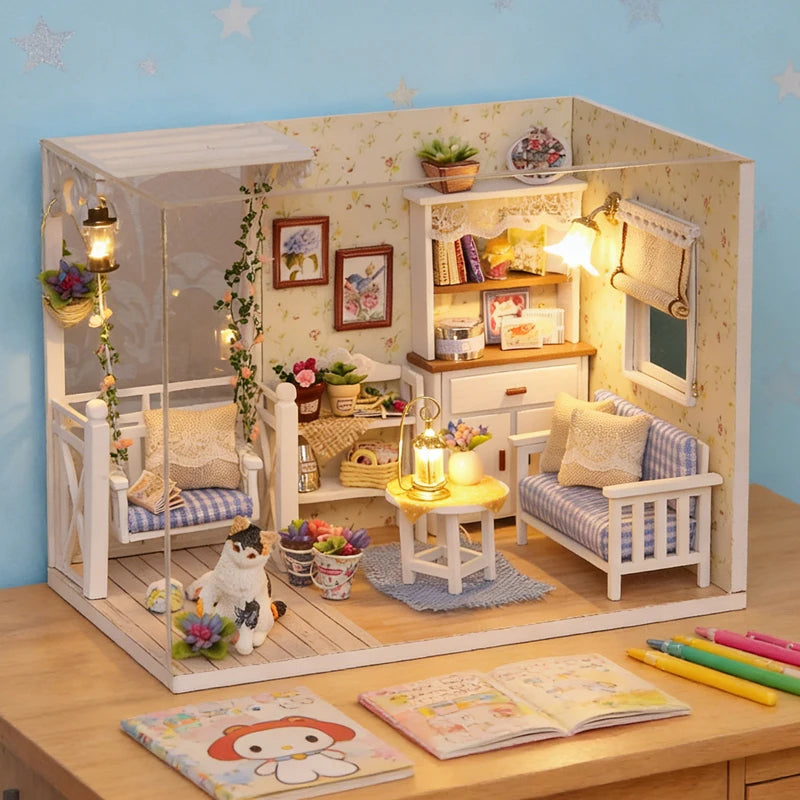 DIY Miniature Dollhouse Kit with LED Lights & Furniture – Whimsical 3D Wooden Craft