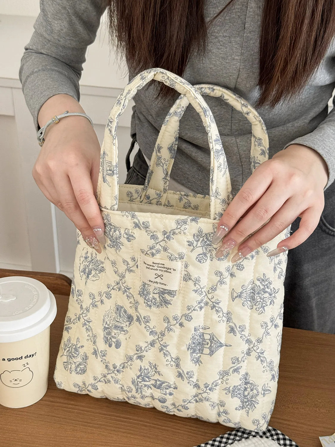 Quilted Cotton Flower Tote Bag | Boho Lunch & Shoulder Bag for Women
