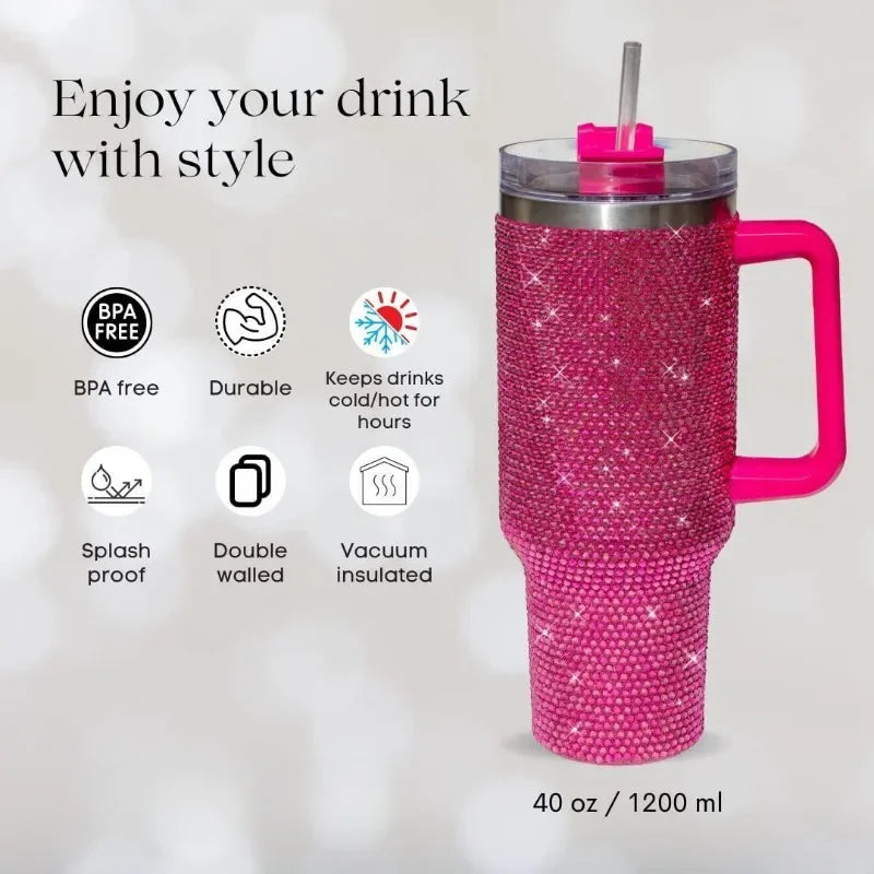 40oz Rhinestone Diamond Tumbler | Shiny Glitter Travel Cup with Straw