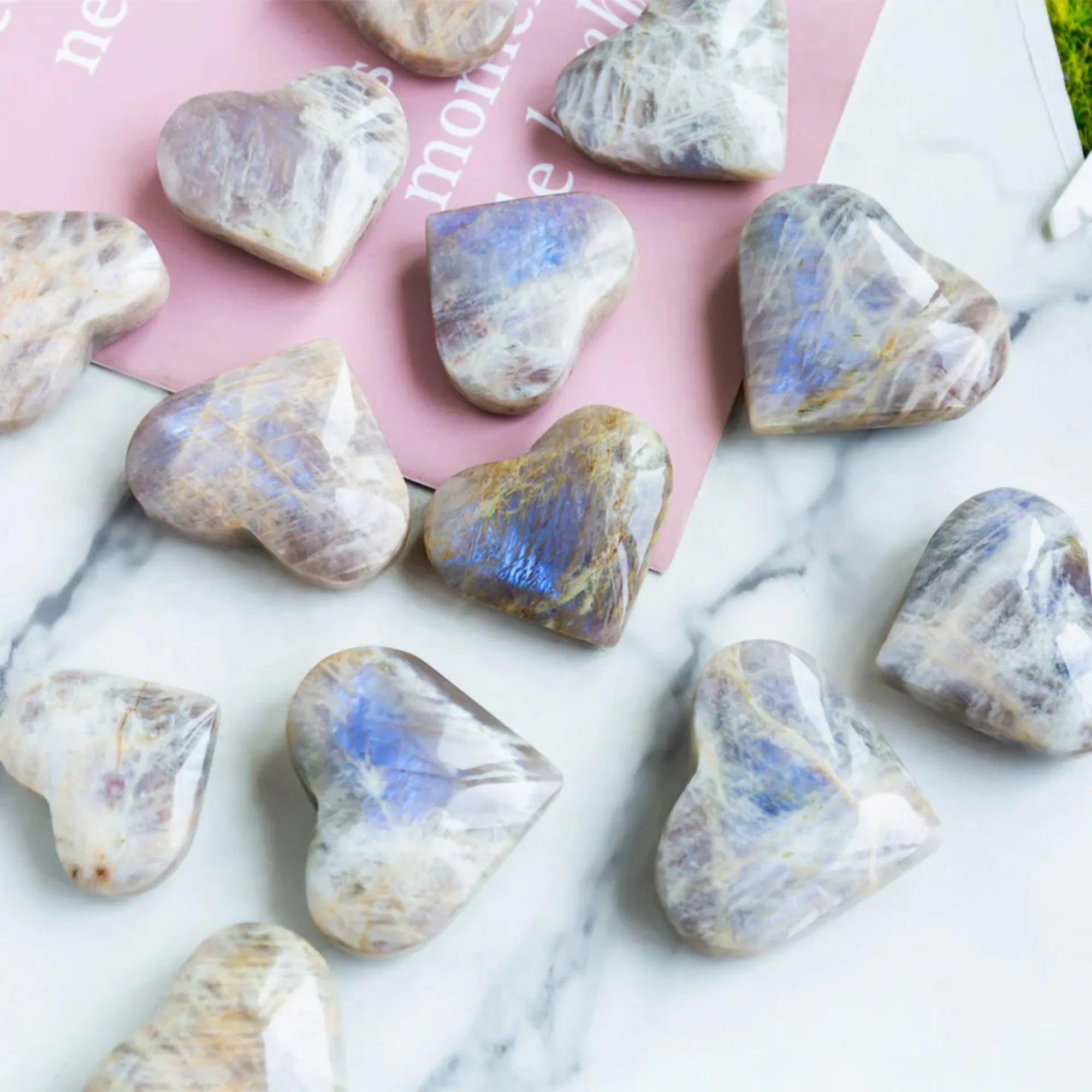 Blue Moonstone Heart Palm Stone | Hand-Carved · Love, Intuition & New Beginnings