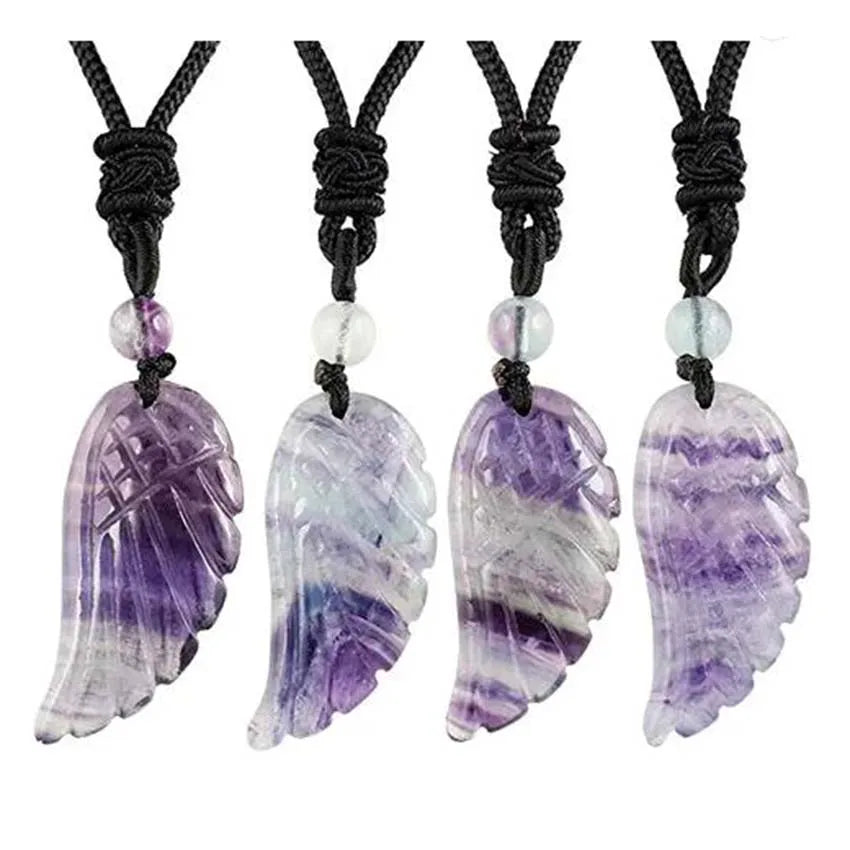 Crystal Angel Wing Pendant Necklace — Natural Gemstone Adjustable Rope