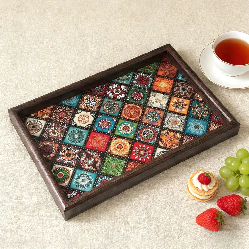 Boho Wooden Decorative Tray | Rustic Handmade Storage & Serving Tray