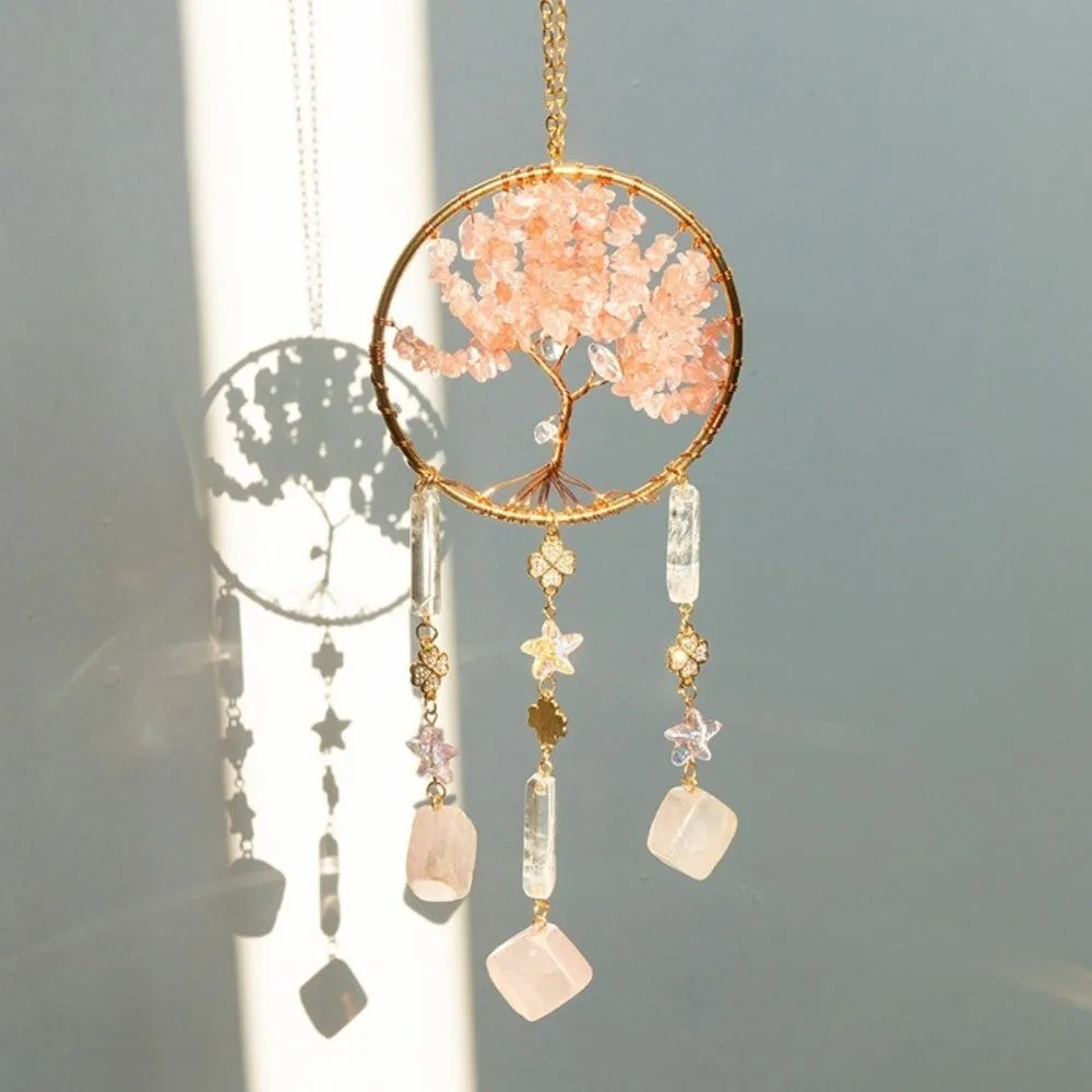 Rose Quartz Tree of Life Suncatcher | Boho Window Hanging