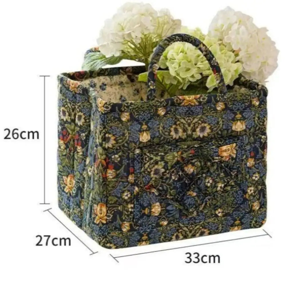 Quilted Floral Storage Basket — Collapsible Fabric Organizer Bag