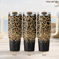 40oz Golden Glitter Leopard Print Tumbler | Insulated Travel Mug with Handle & Straw