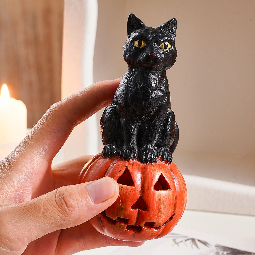 Black Cat Pumpkin Figurine | Halloween Resin Decor Ornament