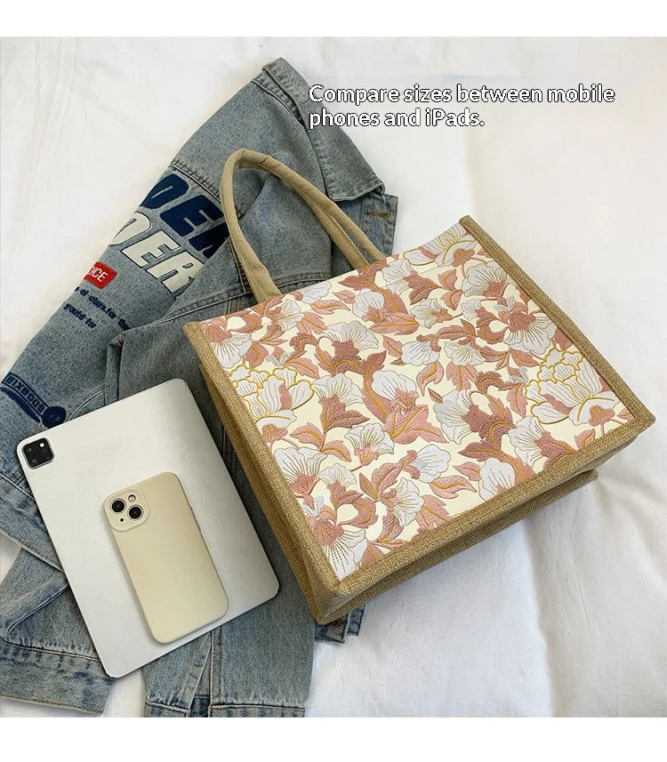 Floral Linen Tote Bag | Boho Bento Shoulder Bag for Women