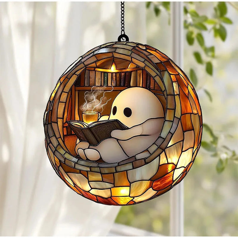 Halloween Ghost Reading Book Window Ornament | Colorful Acrylic Suncatcher