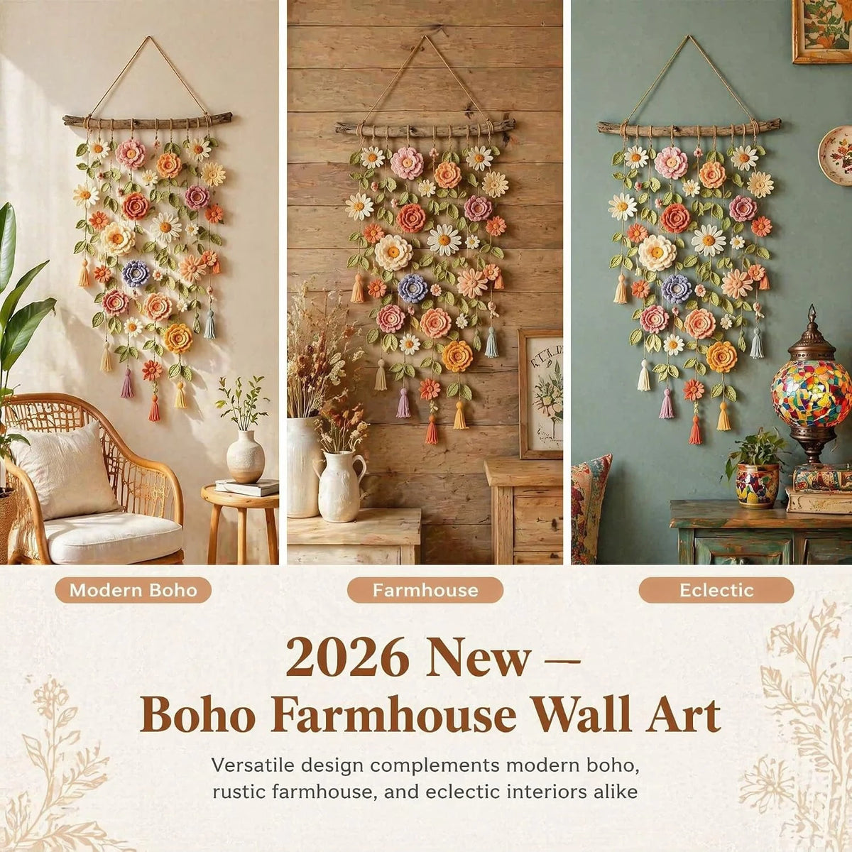 Boho Handmade Cotton Floral Crochet Vine Wall Hanging | Macrame Decor for Indoor & Porch