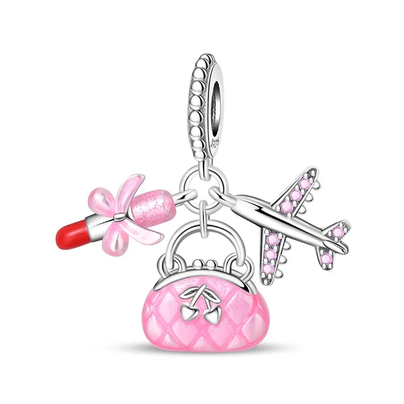 925 Sterling Silver Pink Travel Bag Charm – Zircon Bracelet Pendant for Women