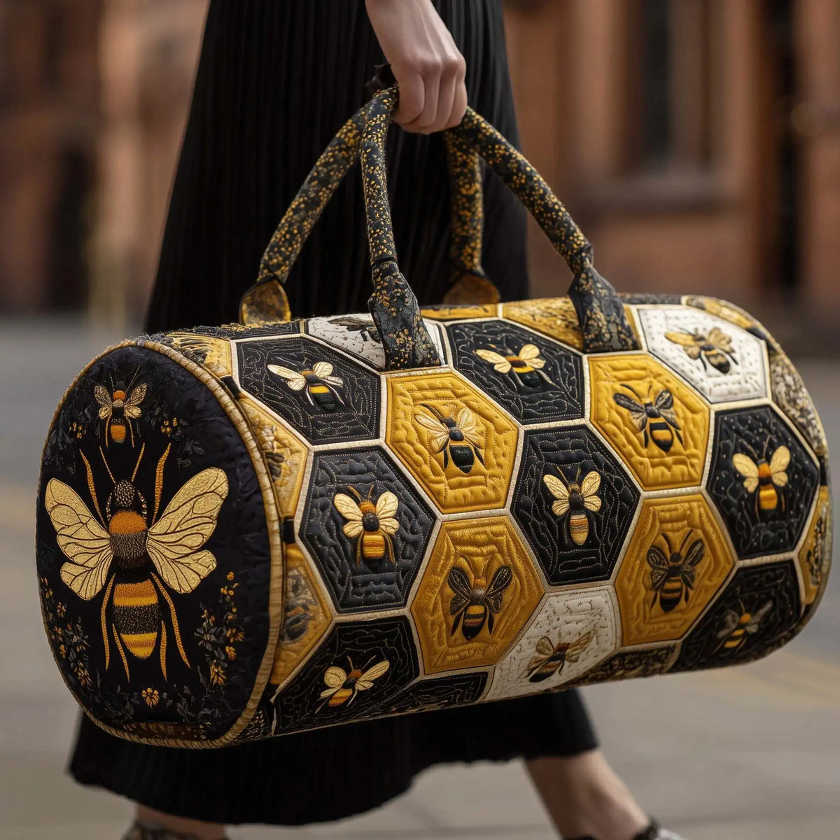 Bee Print Quilted Duffle Bag | Boho Travel & Gym Tote