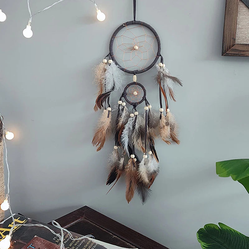 Boho Feather Dream Catcher – Handwoven Double-Ring Wall Hanging | Earth Tones