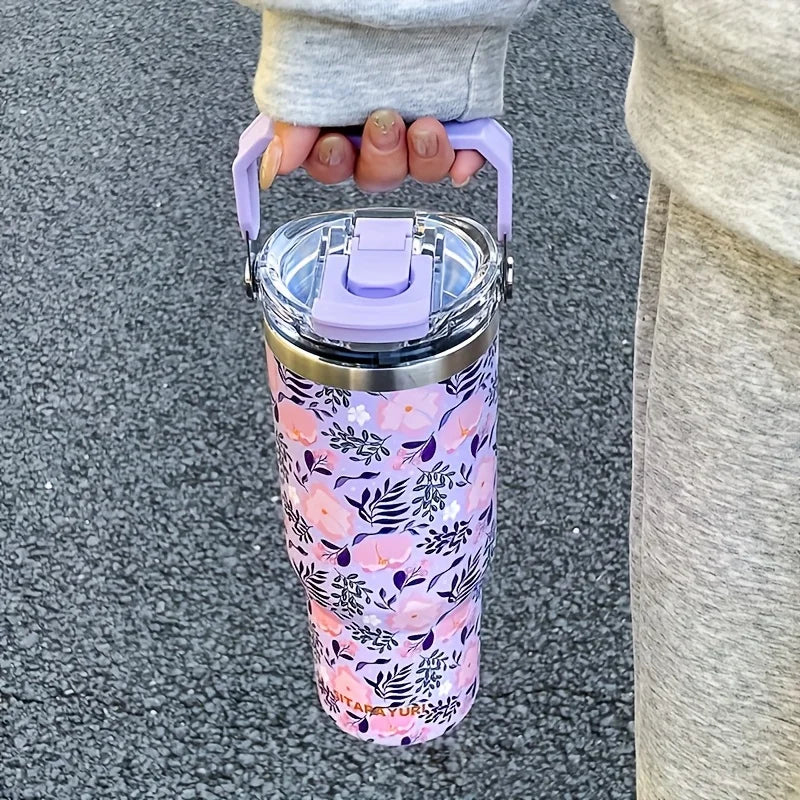 Floral 900 ml Insulated Tumbler with Handle & Straw