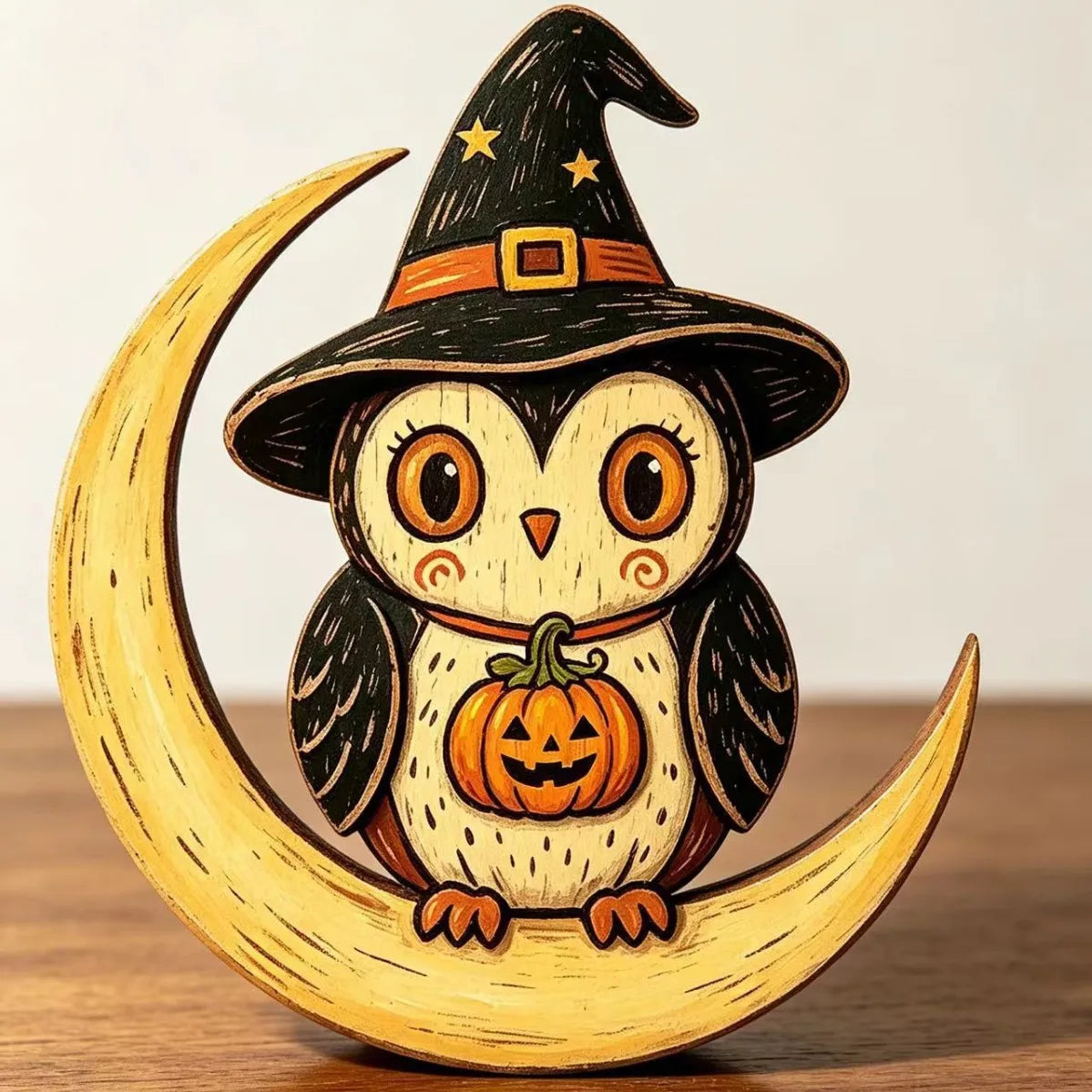 Hand-Painted Halloween Wooden Tabletop Decor | Bat, Owl & Pumpkin Figures