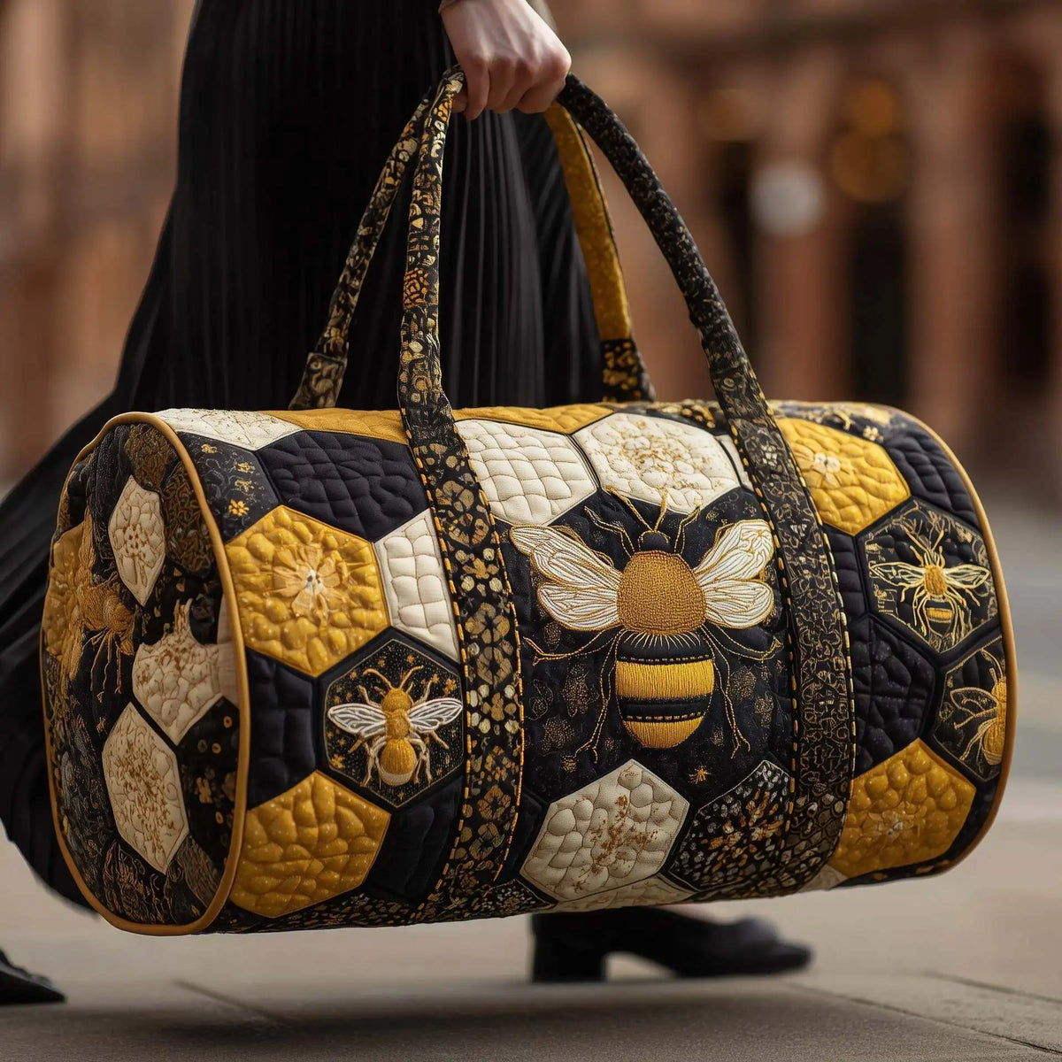 Bee Print Quilted Duffle Bag | Boho Travel & Gym Tote