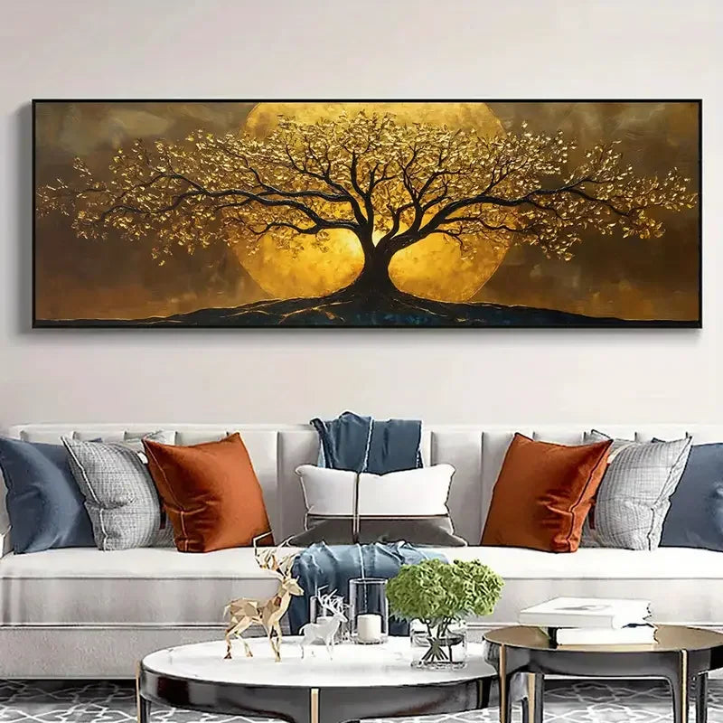 Golden Moon Tree Canvas Wall Art | Mystical Landscape Print for Living Room & Bedroom