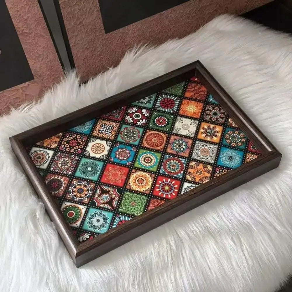 Bohemian Mosaic-Pattern Wooden Tray | 30 × 20 cm