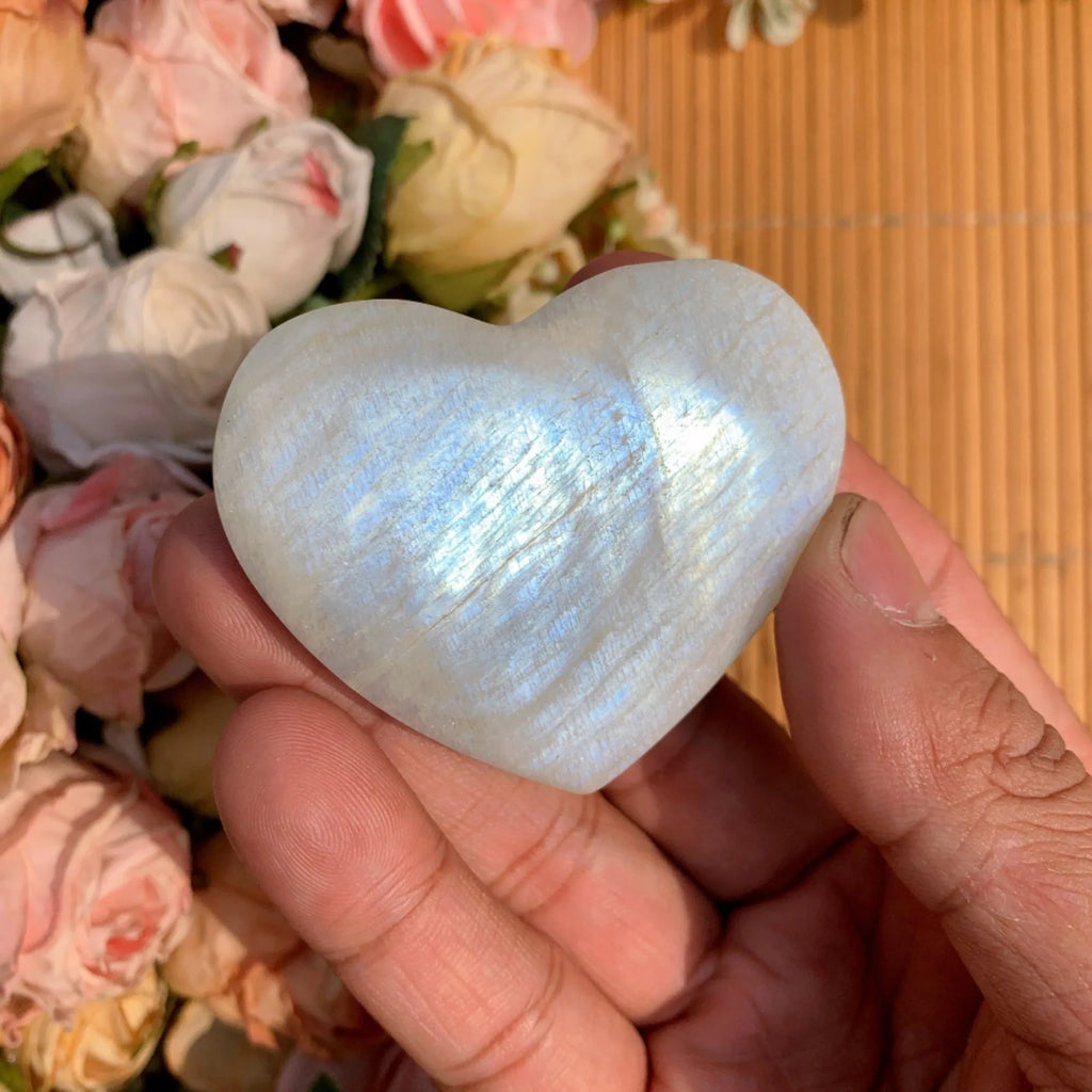 Blue Moonstone Heart Palm Stone | Hand-Carved · Love, Intuition & New Beginnings