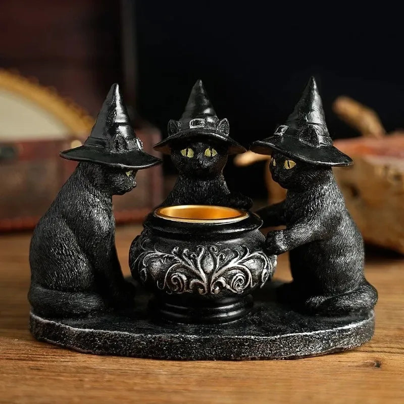 Black Witch Cat Cauldron Tealight Holder | Halloween Familiar Resin Candle Holder
