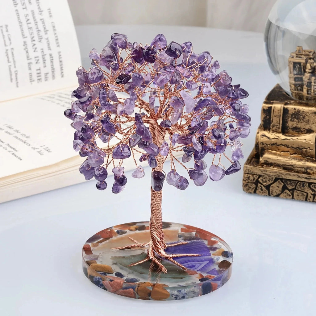 Mini Crystal Tree on Natural Agate Slice Base | Wire-Wrapped Healing Stone Desk Decor