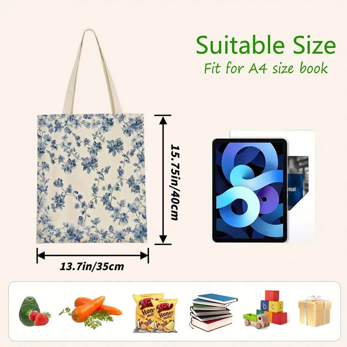 Blue Floral Canvas Tote Bag | Reusable Shopping & Travel Bag