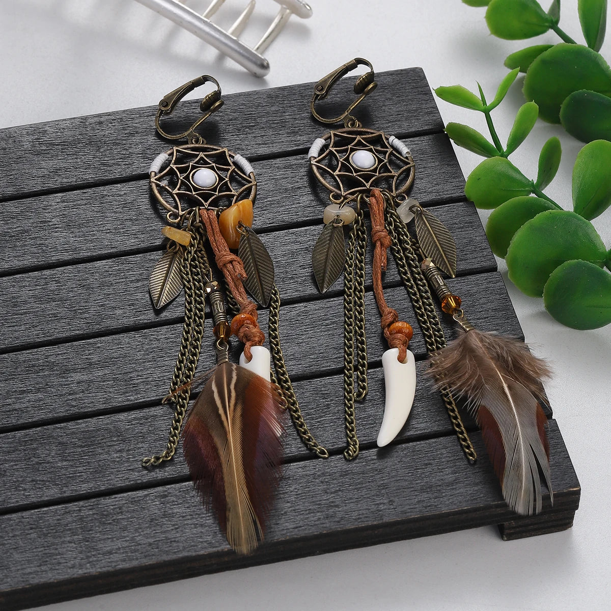 Dream Catcher Feather Jewelry Set — Boho Necklace & Tassel Earrings