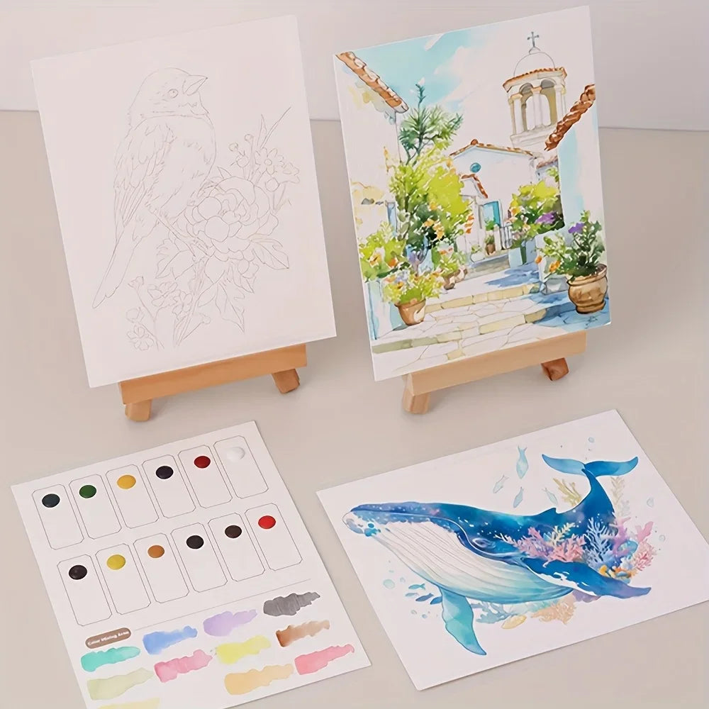 Adult Watercolor Coloring Book with Painting Tools | Landscape & Floral Patterns