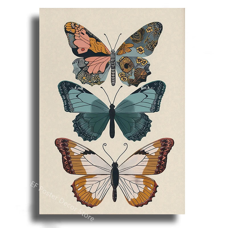Boho Butterfly & Floral Aesthetic Poster Print | Vintage Wall Art for Living Room, Bedroom & Home Decor