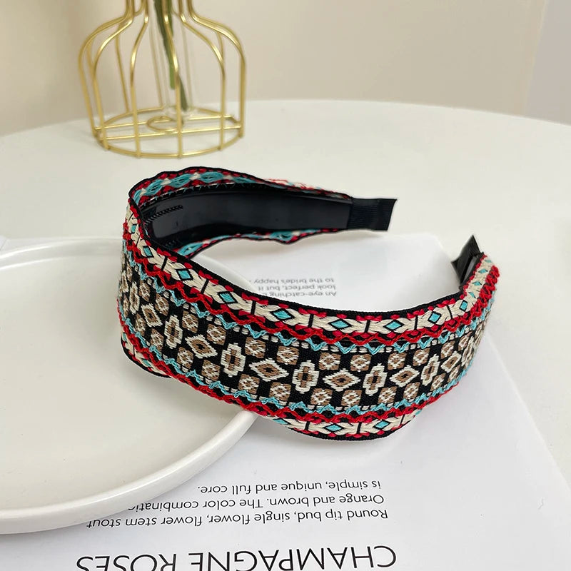 Boho Knitted Wide Headband | Embroidered Fabric Hair Band for Women & Girls