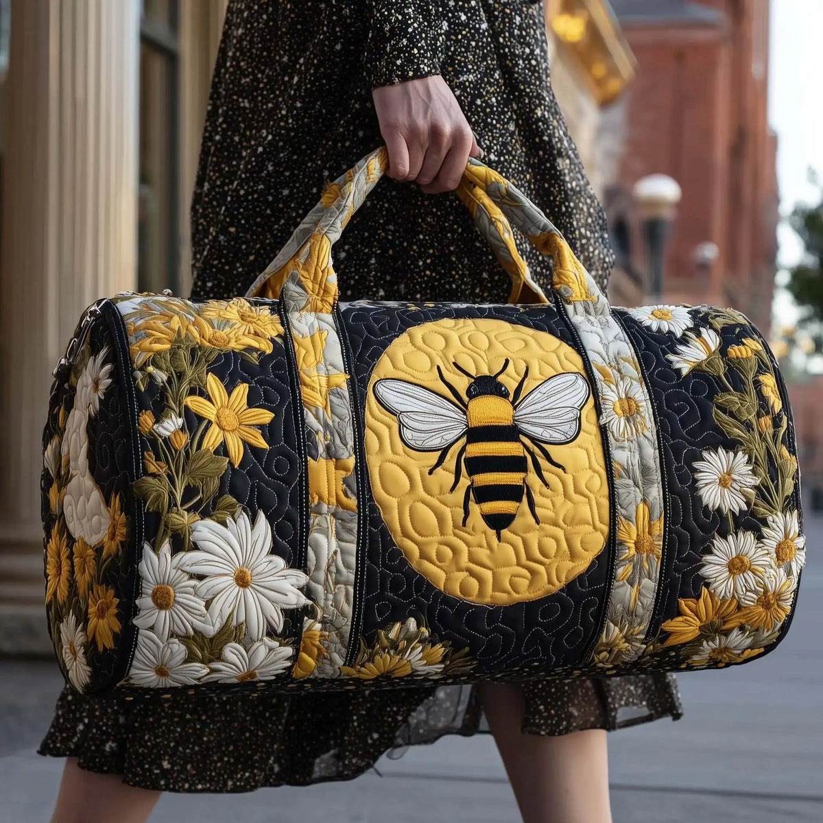 Bee Print Quilted Duffle Bag | Boho Travel & Gym Tote