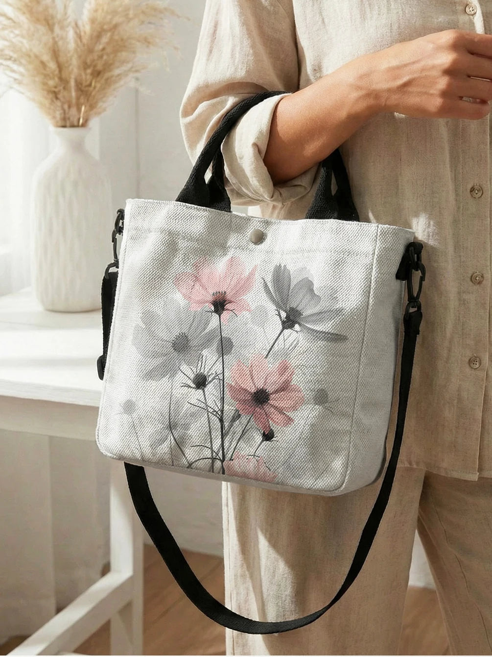 Pink & Gray Cosmos Floral Tote Bag with Crossbody Strap