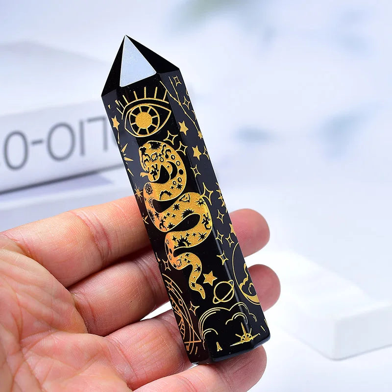 Natural Black Obsidian Crystal Tower — Seven Chakra, Moon & Golden Snake Designs
