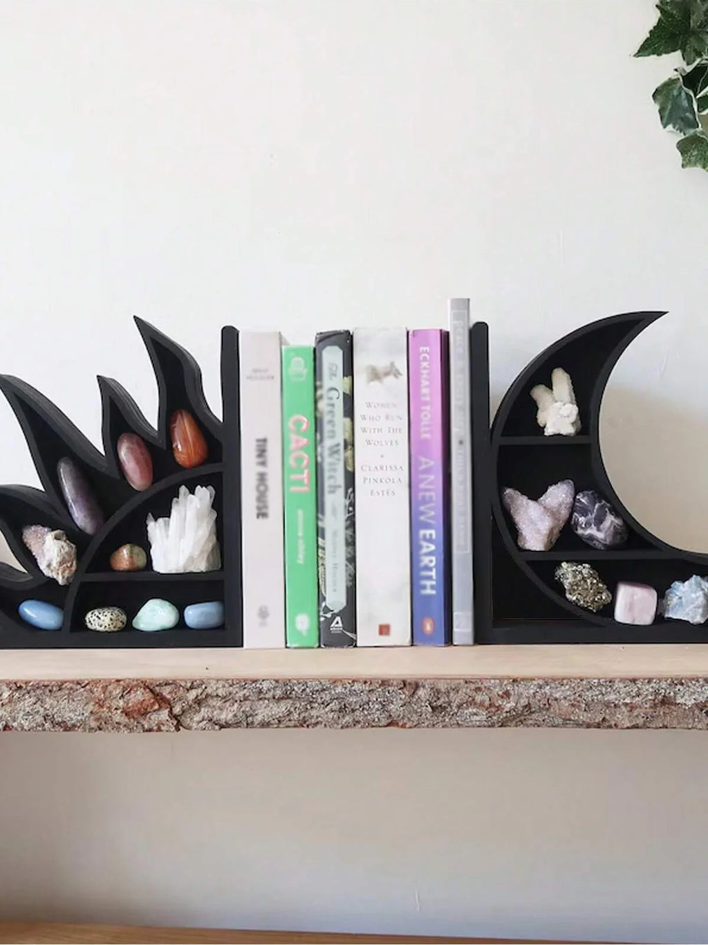 Crystal Sun & Moon Shelf Bookends — Decorative Wood & Crystal Book Holder