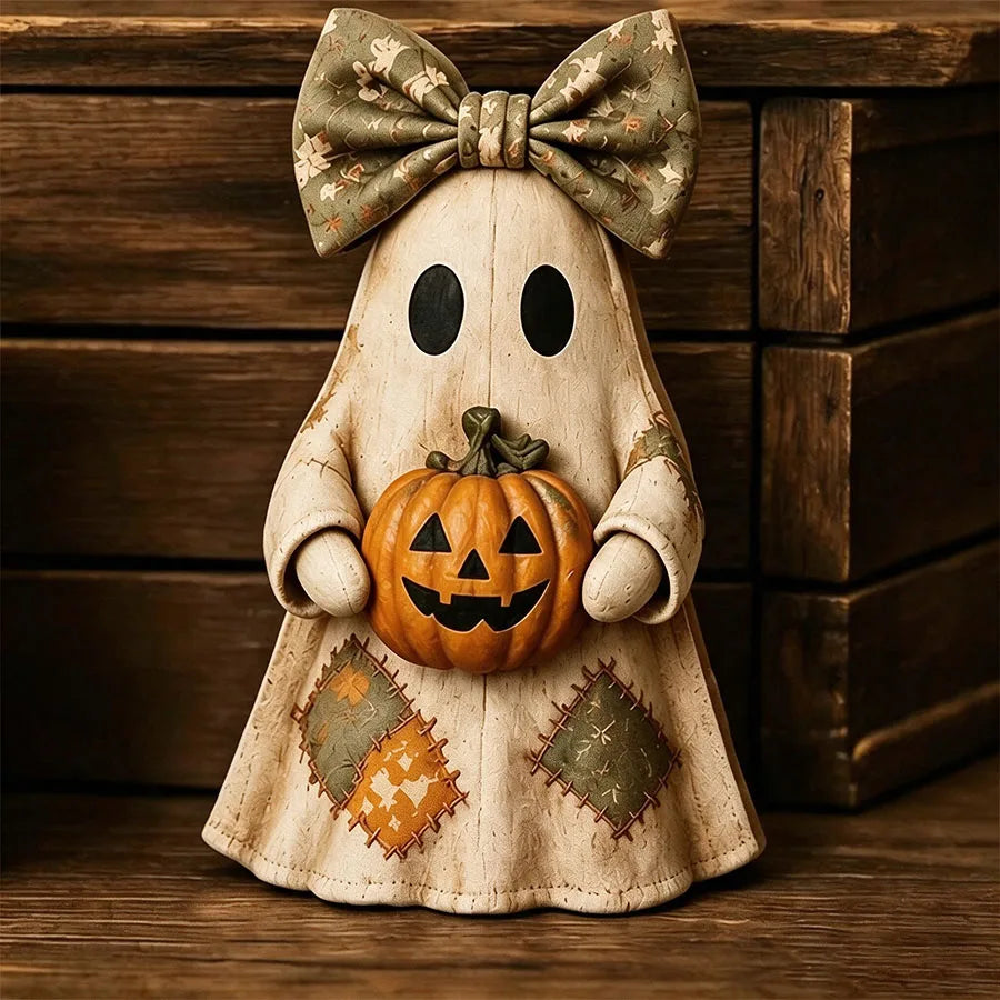 Vintage Wooden Ghost & Witch Hat 2D Tabletop Ornament | Rustic Halloween Decor | Mantel Display