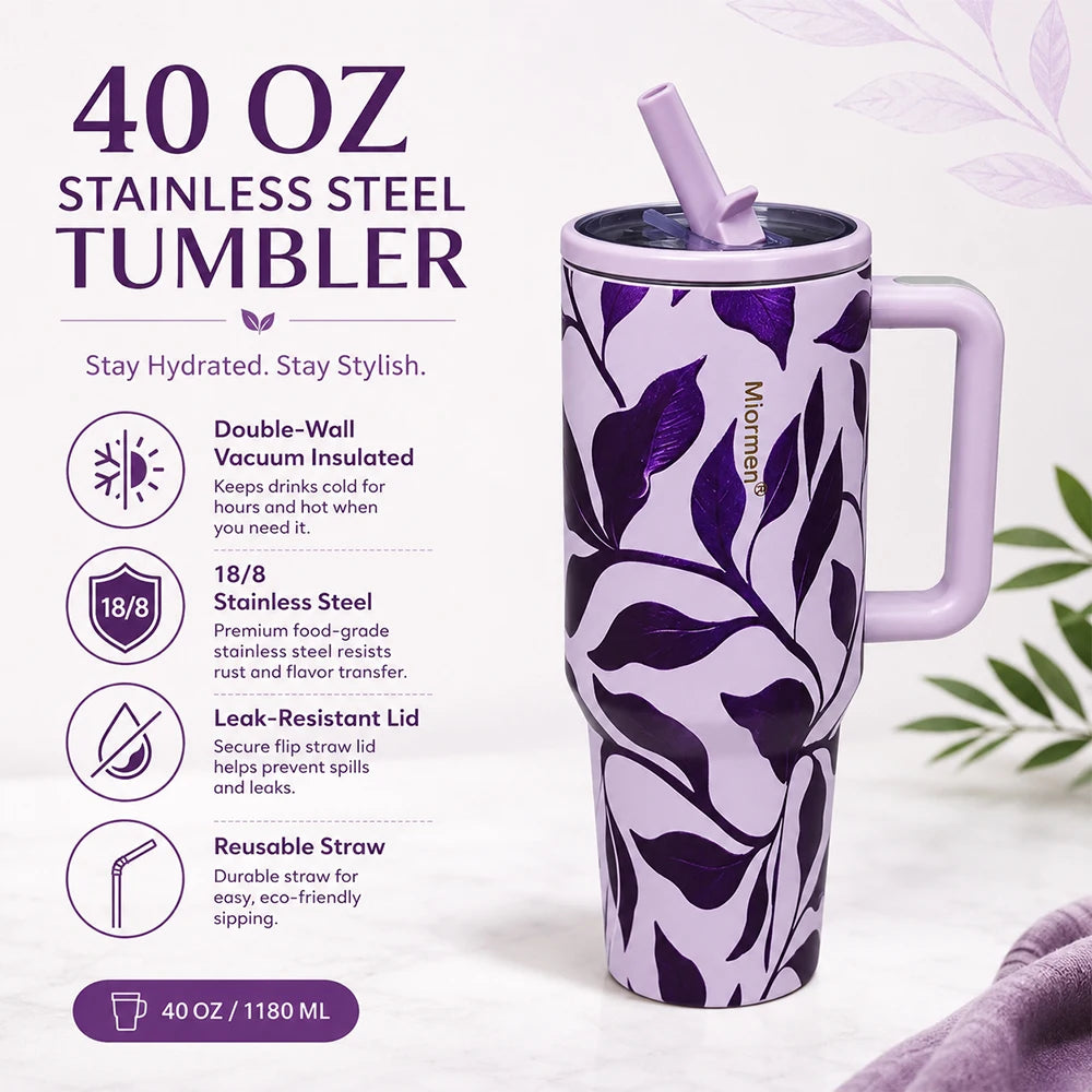 Purple Floral 40 oz Insulated Tumbler with Handle & Straw