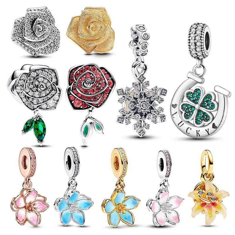 925 Sterling Silver Floral Charm Bead | Roses, Flowers & Lucky Clover for Bracelets & Necklaces