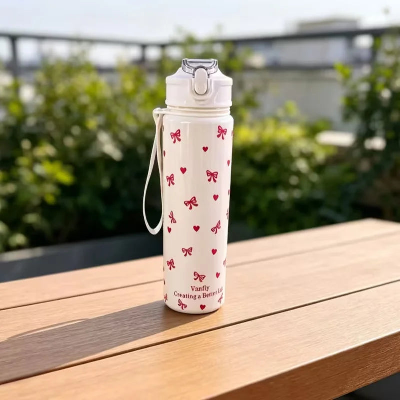 750ml Cute Floral Straw Cup | Strawberry Cherry Flower Bowknot Print